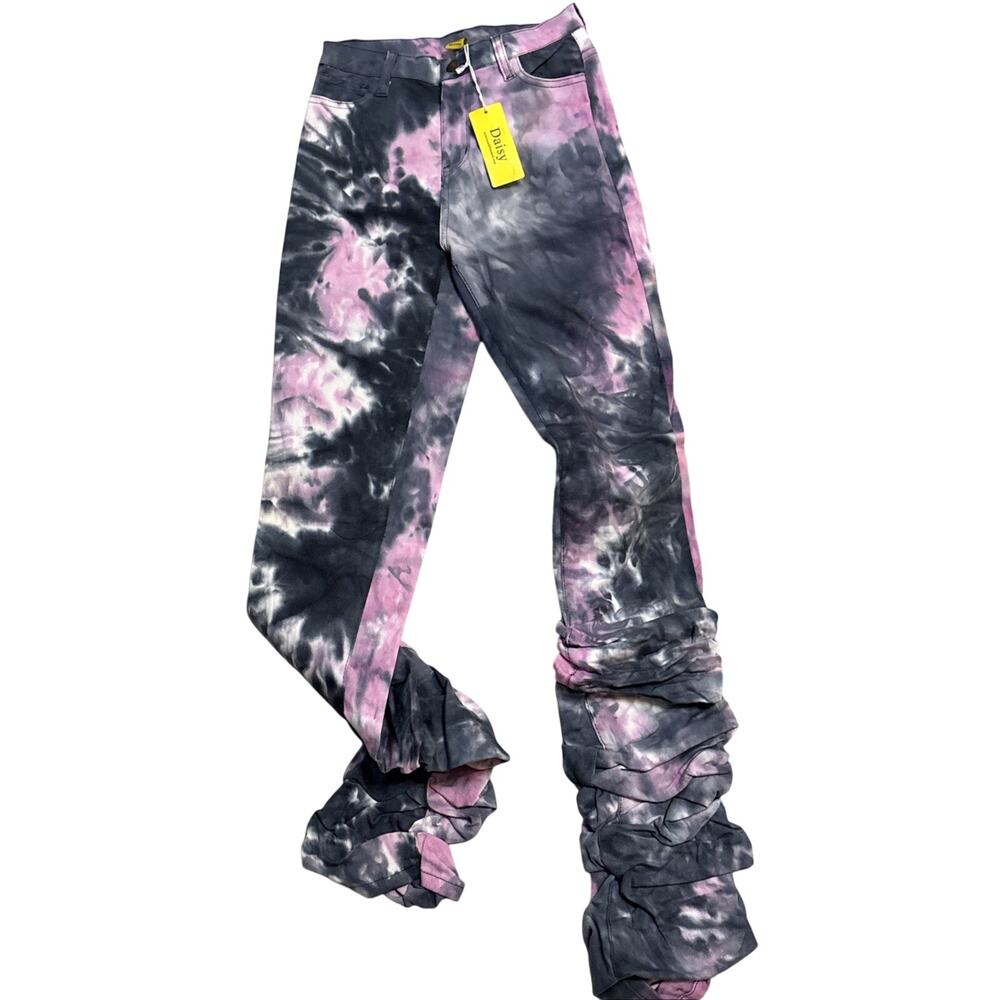Tie Dye Stacked Jeans Women's Medium Pink Blue White Y2K Festival